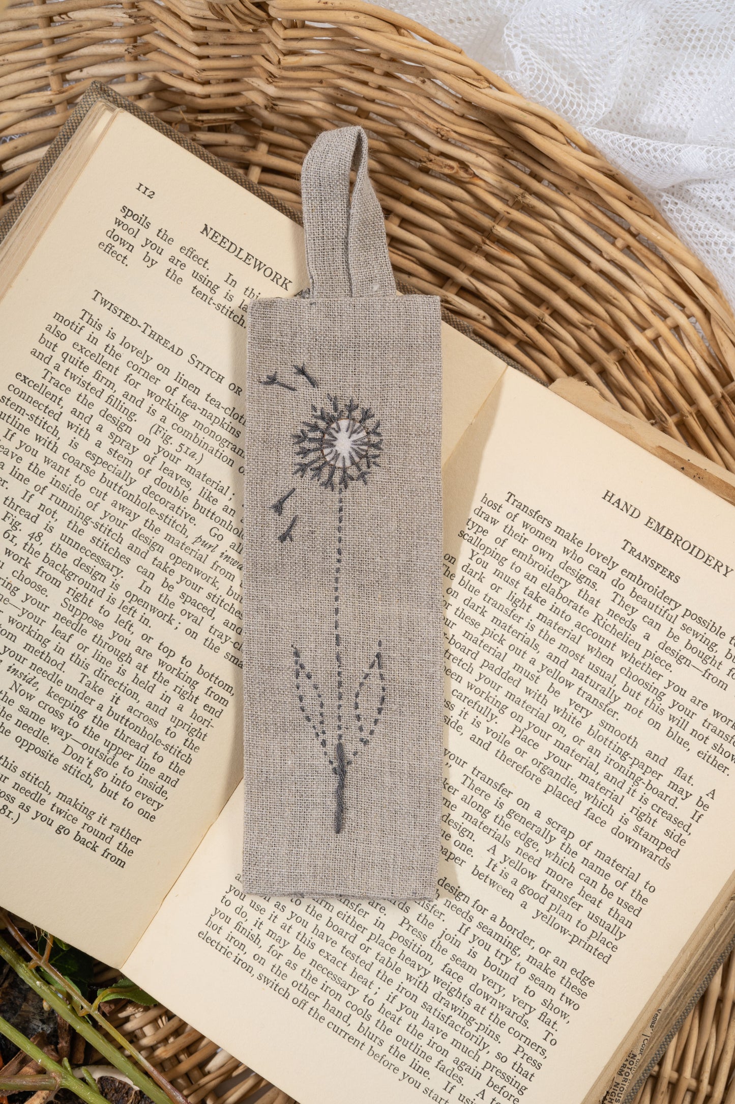 Hand Embroidered Linen Bookmark with dandelion embellishment