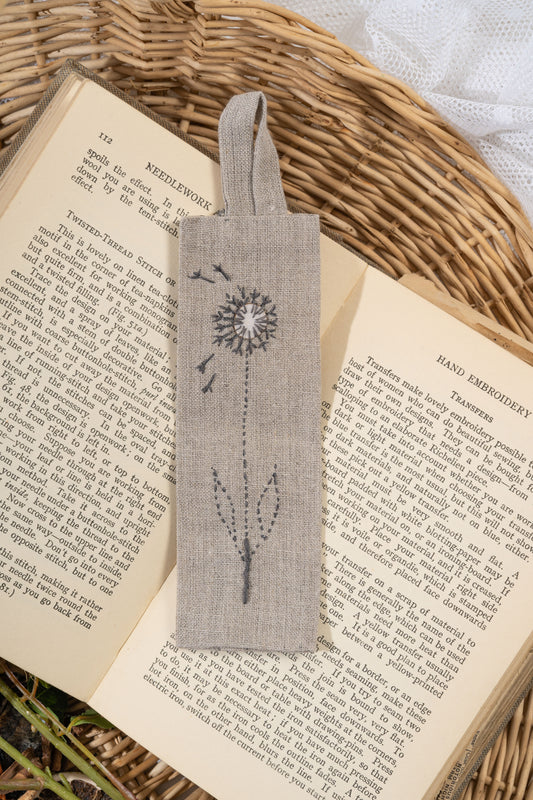 Hand Embroidered Linen Bookmark with dandelion embellishment