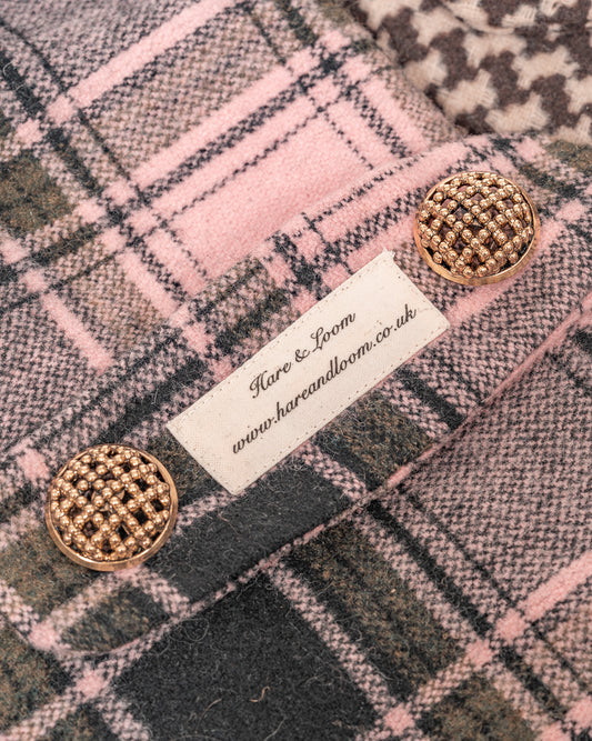 Pink, Green and Black Wool Dogs Coat with hook and loop fastening